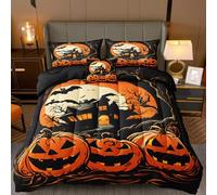 MOVE OVER Orange Halloween Comforter Set Queen Size Pumpkin Lantern Bedding Set 4 Pieces Haunted House and Bats Pattern Halloween Bedding Set for Bedroom Decor Pumpkin Stems and Branch Bed Set