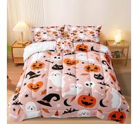 MOVE OVER Pink Halloween Comforter Set King Size Girls Boys Pink Bedding Set Witch Hat and Bats Pattern White Ghost and Orange Pumpkin Design Halloween Bedding Set for Girls Women and Teens