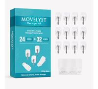 MOVELYST White Sticky Hook Small, 24 Hooks with 32 Strips, Holds up to 225g | No Nails, No Tools, Damage-free, Removable Hook for Kitchen & Bathroom Wall Hanging, Indoor, Rent-friendly, Waterproof