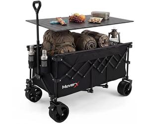 MoverX 300L Camping Trolley on Wheels, Table Folding Wagon, Portable Camping Cart, Foldable Trolly for Festival Beach Outdoor Garden Picnic Shopping Fishing, Wide Wheels, Adjustable Handle, Black