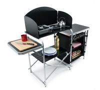 MoverX Portable Fold-Up Camping Kitchen with Windscreen, Pop Up Folding Camping Unit, Cabinet Outdoor 5 Shelf Aluminum Frame Portable for Garden Party Picnic, Supports 30kg