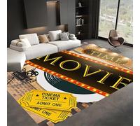 Movie Area Rug, 180x300cm, Movie Night Home Theater Decor Neon Cinema Tickets Sign Retro Brown Rugs, Non Slip Low Pile Large Vintage Film Indoor Carpet for Living Room Bedroom