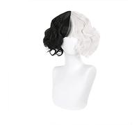 Movie Cruella Wigs Half Black Half Milk White Short Curly Heat Resistant Hair Cruella de Vil Cosplay Wig + Wig Cap Halloween