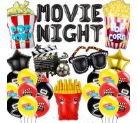 Movie Night Accessories Decorations Balloons - 35 Pieces Red Carpet Party Supplies with Camera and Star Foil Balloon French Fries Popcorn for Kids Birthday, Movie Night Theme Family Cinema Party Decor