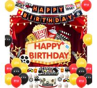 Movie Night Birthday Decorations for Girls Boys, Movie Night Themed Indoor Outdoor Happy Birthday Party Supplies Popcorn Camera Theater Foil Balloons Cake Toppers Backdrop Banner