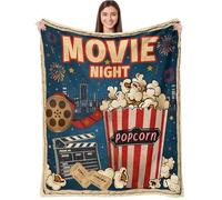 Movie Night Gifts Throw Blanket, Soft Cozy and Warm Couch Blankets for Home Film Cinema Theater Popcorn Decor, Vintage Poster Theme Gift for Adult Women Men Movie Lover. Blue 50×60 inches