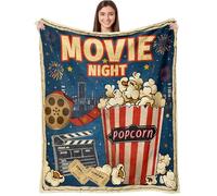 Movie Night Gifts Throw Blanket, Soft Cozy and Warm Couch Blankets for Home Film Cinema Theater Popcorn Decor, Vintage Poster Theme Gift for Adult Women Men Movie Lover. Blue 50×60 inches