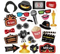 Movie Night Photo Booth Props - 24 Pieces Funny Selfie Props Decorations, Black Red Diy Moustache Clapper Board Bow Lips Hat Eyeglasses for Birthday Wedding Photography Studio Accessories