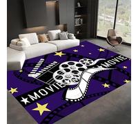 Movie Rugs for Living Room, 60x110cm, Stylish Purple Movie Theater Filmstrrip Clapboard Props Modern Area Rug, Low Pile Non-Shed Cinema Poster Decor Mat for Kitchen Dining Room