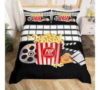 Movie Theater Bedding Set Double Vintage Cinema Ticket Tape Duvet Cover for Kids Teens Adult Popcorn Film Snack Comforter Cover Filmstrip Printed Bed Sets Retro Clapper Board Quilt Cover, Black
