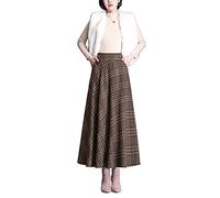 Moviendress Women Retro Wool Skirt Long Winter Pleated Section Plaid High Waist Fall Big Pendulum Long Skirts (L, Khaki 2)