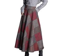 Moviendress Women Winter Maxi Skirts Long Wool Warm Lined Pleated A-line Elastic Waist Flowy Woolen Plaid Skirt Size S-4XL (4XL,Red)
