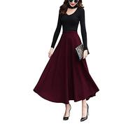 Moviendress Women's Winter Maxi Long Skirts Tartan Wool Pockets Pleated High Waist Warm Elastic Waist Lineds Woolen Thicken Swing Plaid Skater Skirt (XL, Wine red 2)