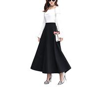 Moviendress Women's Winter Maxi Long Skirts Tartan Wool Pockets Pleated High Waist Warm Elastic Waist Lineds Woolen Thicken Swing Plaid Skater Skirt (M, Black 2)