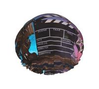Movies Clapperboard Double Layer Waterproof Shower Cap, Extra Large Soft Elastic Band, Reusable Bath Cap For Women Men,Full Print Design