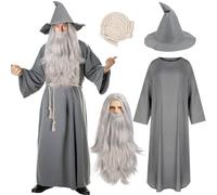 MOVINPE Gray Wizard Costume Set for Adults, 5-Piece Sorcerer Outfit with Felt Wizard Hat, Robe, Long Gray Wig, Beard & Waist Rope - Medieval Fantasy Cosplay for Halloween, Parties & Themed Events