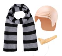 MOVINPE Gru Costume Accessories for Mens Halloween Supervillain Cosplay Party Set Black Gray Striped Scarf Fake Nose Latex Bald Head Wig Cap Classic Character Halloween Dress Up Kit