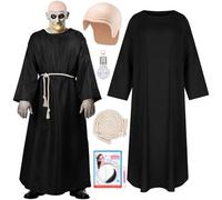 MOVINPE Halloween Uncle Costume for Mens, 5 Pcs Creepy Monk Costume Outfit with Black Robe, Bald Cap, Fake Light Bulb, Waist Rope & Face Paint Kit, Classic Creepy Character Halloween Dress Up Kit