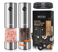 MOVNO Electric Salt and Pepper Grinder Set, External Adjustable Coarseness, USB Rechargeable, One-Handed Operation with LED Light, Stainless Steel Mill Grinders Shakers with Storage Base