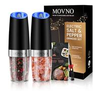 MOVNO Gravity Electric Salt and Pepper Grinder Set of 2 with Blue LED Light, Battery Powered Pepper Automatic Mill Grinder with a Brush, Adjustable Coarseness, One Hand Operation, Black 2 Pack