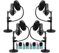 Movo 4-Pack Universal XLR Podcast Microphone Bundle- Includes 4 Cardioid Condenser Mics, Desktop Mic Stands, Pop Filters, Shock Mounts, and Cables for Zoom, Laptop, Phone - Home Studio Starter Kit