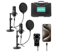Movo iPhone 15 USB-C Podcast Equipment Bundle - 2 Pack Condenser Microphones, 2 Desktop Mic Stands, 2 Pop Filters, 2-Channel XLR Interface - Compatible with iPhone 15, iPad-Pro