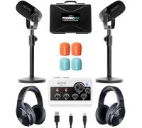 Movo Portable Podcast Equipment Bundle for iPhone/Android Phones- Podcast Kit with Audio Interface, 2 CastMic Dynamic Mics, 2 Table Stands - For Smartphones, Computers, PC, Mac - Lightning, USB, USB-C