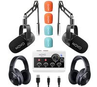 Movo Portable Podcast Equipment Bundle for iPhone/Android Phones- Podcast Kit with Audio Interface, 2 CastMic Dynamic Mics, 2 Headphones, 2 Boom Arms - for Smartphones, Computers, PC and Mac