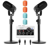 Movo Portable Podcast Equipment Bundle for iPhone/Android Phones- Podcast Kit with Audio Interface, 2 CastMic Dynamic Mics, 2 Table Stands - For Smartphones, Computers, PC, Mac - Lightning, USB, USB-C