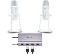Movo USB Podcast Equipment Bundle for 2 - USB Interface with 2 UM700 Condenser Microphones - 4-Port Powered Hub for Streaming, Podcasting, Interviews (White)