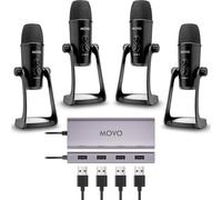 Movo USB Podcast Equipment Bundle for 4 - USB Interface with 4 UM700 Condenser Microphones - 4-Port Powered Hub for Streaming, Podcasting, Interviews