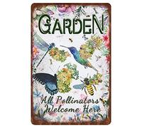 Movstrb Hummingbird Butterfly Bee Dragonfly Metal Tin Sign Garden All Pollinators Welcome Here Poster Painting Room Bedroom Home Outdoor Wall Decor Retro Poster 12x16 Inch