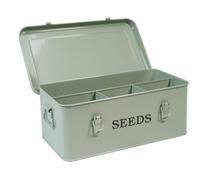 Mowhut Garden Seed Box, Green Metal Seed Storage Box, Seed Storage Organizer Case with 4 Dividers, Seeds Packet Container for Gardening, Seed Envelope Storage Box with Portable Handle & Safety Lock