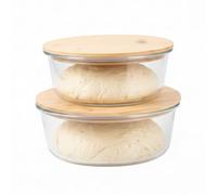Mowhut Pizza Dough Proofing Box, Food Pizza Storage Container with Airtight Wooden Lid, Stackable Glass Jar Sourdough Proofing Container, Pizzas Making Accessories, 950ml & 1300ml, 2 Pack, Clear