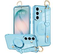 MOWIME Magnetic for Samsung Galaxy S26 Case with Finger Hand Wrist Strap, Compatible with Magsafe, Cute Heart Design for Women Girls Plating Gold Edge Protective Phone Cover - Blue
