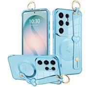 MOWIME Magnetic for Samsung Galaxy S26 Ultra Case with Finger Hand Wrist Strap, Compatible with Magsafe, Cute Heart Design for Women Girls Plating Gold Edge Protective Phone Cover - Blue