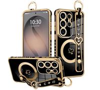 MOWIME Magnetic for Samsung Galaxy S26 Ultra Case with Finger Hand Wrist Strap, Compatible with Magsafe, Cute Heart Design for Women Girls Plating Gold Edge Protective Phone Cover - Black
