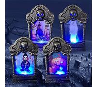 MOWIN 4 PCS Halloween LED Graveyard Tombstones Lights Headstones Creepy Gravestones Lamp Spooky Haunted House Decorations for Yard Garden Lawn Decor Party Supplies, Multicolor