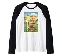 Mowing Till End 1950s Atomic Bomb Woman Cutting Lawn Grass Raglan Baseball Tee