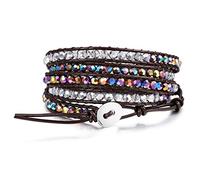 MOWOM Layered Bracelets for Women Men Boys Girls Genuine Leather Bracelet Rope Bangle Cuff Dazzling Rainbow Crystal Glass CZ Gemstone Bohemian Style Braided 5 Wraps Adjustable Handmade Jewelry Gift