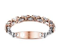 MOWOM Medical Alert Bracelet Custom Engraved Allergy Life Identification Name ID for Men Women Stainless Steel Link Chain (Style14 - Rose-Gold Plain Tag & Silver Rose-Gold Byzantine Chain)