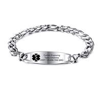 MOWOM Medical Alert Bracelet Custom Engraved Allergy Life Identification Name ID for Men Women Stainless Steel Link Chain (Style02 - Silver Plain Tag & Silver Figaro Chain)