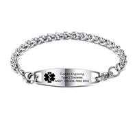 MOWOM Medical Alert Bracelet Custom Engraved Allergy Life Identification Name ID for Men Women Stainless Steel Link Chain (Style01 - Silver Plain Tag & Silver Wheat Chain)
