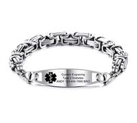 MOWOM Medical Alert Bracelet Custom Engraved Allergy Life Identification Name ID for Men Women Stainless Steel Link Chain (Style04 - Silver Plain Tag & Silver Byzantine Chain)