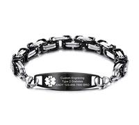 MOWOM Medical Alert Bracelet Custom Engraved Allergy Life Identification Name ID for Men Women Stainless Steel Link Chain (Style19 - Black Plain Tag & Silver Black Byzantine Chain)