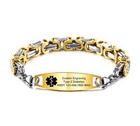 MOWOM Medical Alert Bracelet Custom Engraved Allergy Life Identification Name ID for Men Women Stainless Steel Link Chain (Style09 - Gold Plain Tag & Silver Gold Byzantine Chain)