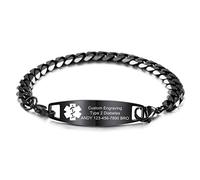 MOWOM Medical Alert Bracelet Custom Engraved Allergy Life Identification Name ID for Men Women Stainless Steel Link Chain (Style20 - Black Plain Tag & Black Curb Chain)
