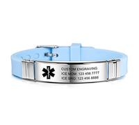 MOWOM Medical Bracelet Custom Engraved Silicone Adjustable Sport ID Identification Alert for Women Kids Stainless Steel - Bundle with Emergency Card, Sleeve (Light Blue, Penicillin Allergy)