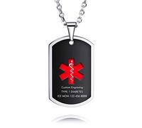 MOWOM Medical Custom Engraved ID Tags Pendant Stainless Steel Medical Alert Necklace for Men Women with Emergency Card - C1: Black Vertical