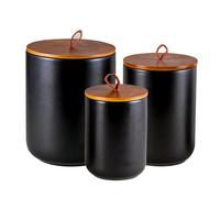 Mowtanco Ceramic Canister Set (30 oz, 48 oz, 82 oz) - Black Ceramic Jar Set with Airtight Bamboo Lids for Flour, Sugar, Tea, Coffee, Pasta, Nuts - 3-Piece Storage Containers